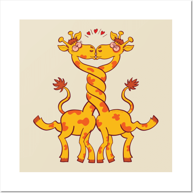 Sweet couple of giraffes intertwining necks and kissing Wall Art by zooco